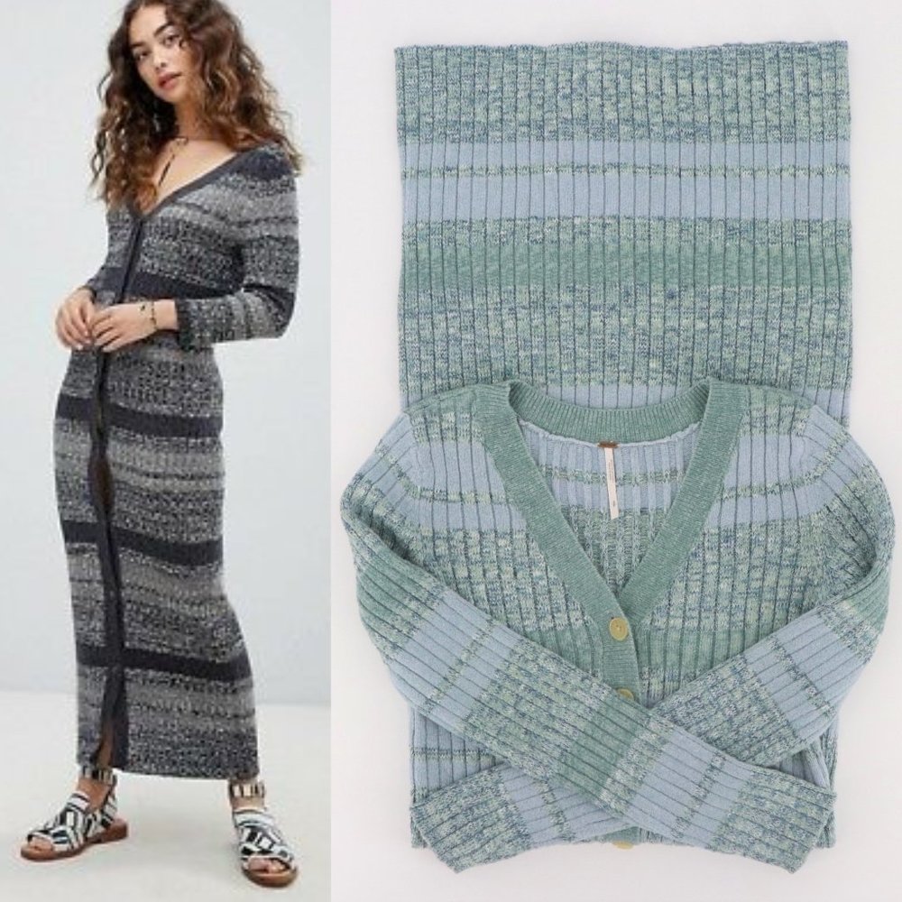 Free People Cozy Up Cardigan Sweater Dress in Blue Striped